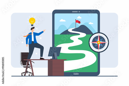 Flat illustration of person mapping out future career goals with visual path of opportunities and success