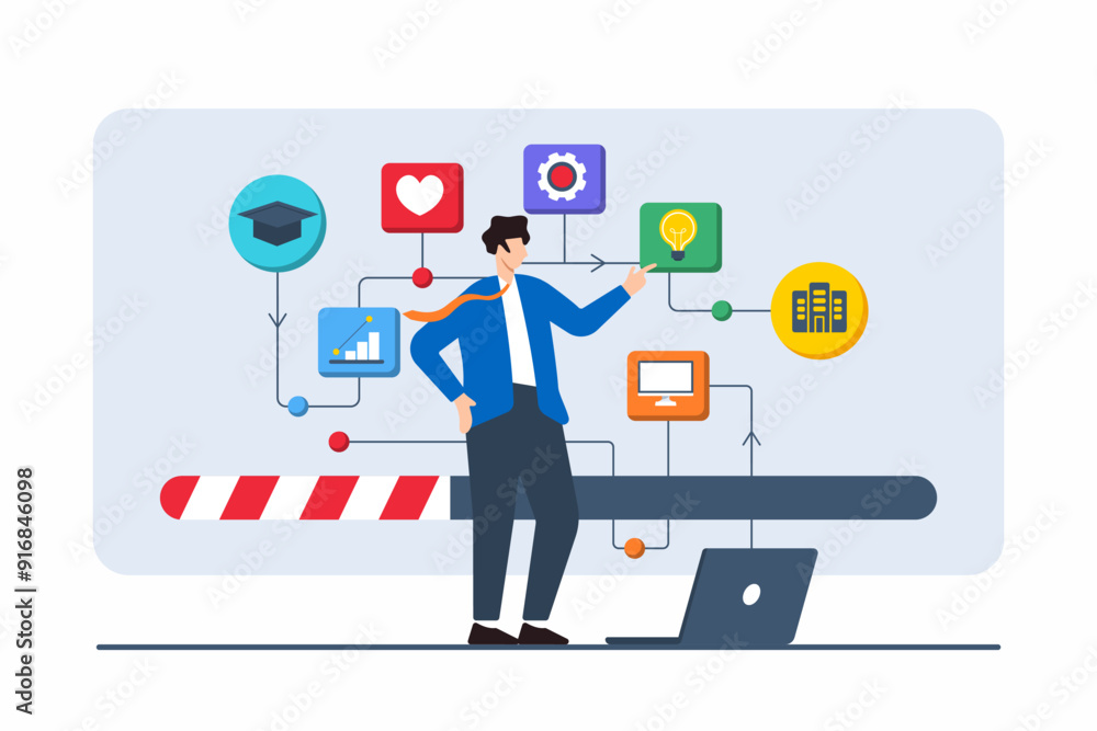 Flat illustration of person interacting with digital interface showing various career choice options and growth paths Flat illustration of person interacting with digital interface showing various career choice options and growth paths