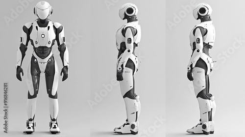 A white and black humanoid robot standing in three poses.