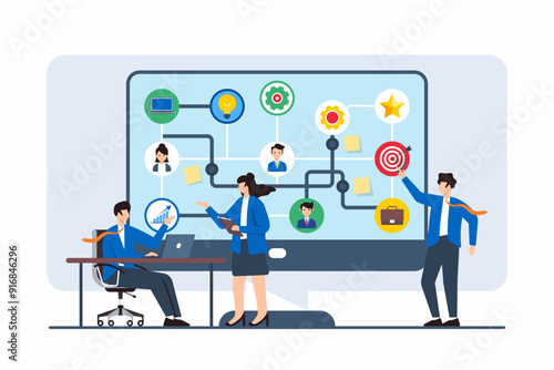Flat illustration of team using flow diagram to explore different career strategies and opportunities on computer screen
