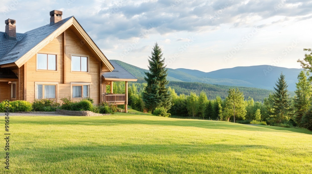 A wooden house is set against a vibrant sunset backdrop over green hills and majestic mountains, creating a peaceful rural retreat A wooden house is set against a vibrant sunset backdrop over green hills and majestic mountains, creating a peaceful rural retreat
