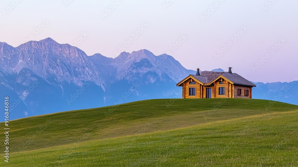 A wooden house is set against a vibrant sunset backdrop over green hills and majestic mountains, creating a peaceful rural retreat