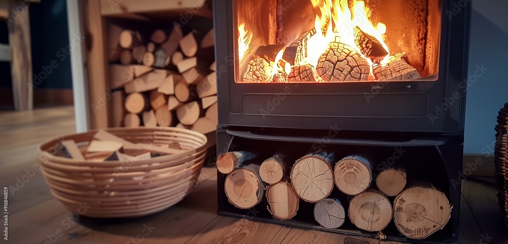 Fire in modern log burner, wood logs rack next to it, warm winter nights.