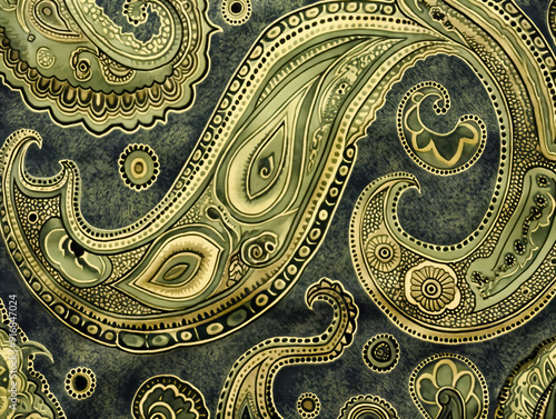 Wallpaper Mural A paisley patterned fabric with gold and blue colors. The paisley design is intricate and detailed, with many small circles and dots. Scene is elegant and sophisticated Torontodigital.ca