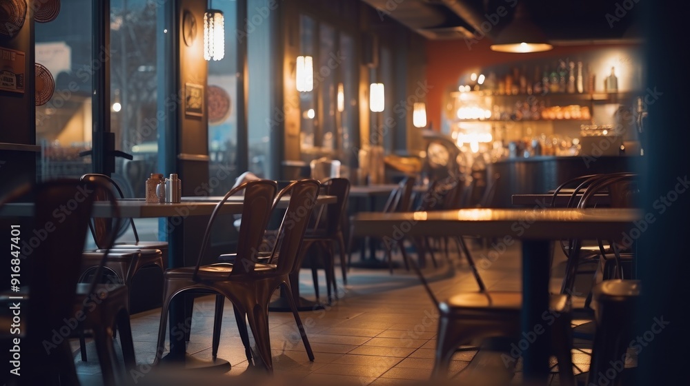 Empty Restaurant Interior with Warm Lighting and Tables Empty Restaurant Interior with Warm Lighting and Tables