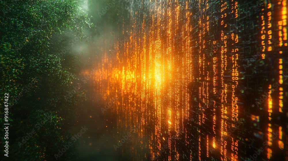 Digital binary code data streaming on a dark, greenish abstract background, reflecting the concept of technology Digital binary code data streaming on a dark, greenish abstract background, reflecting the concept of technology