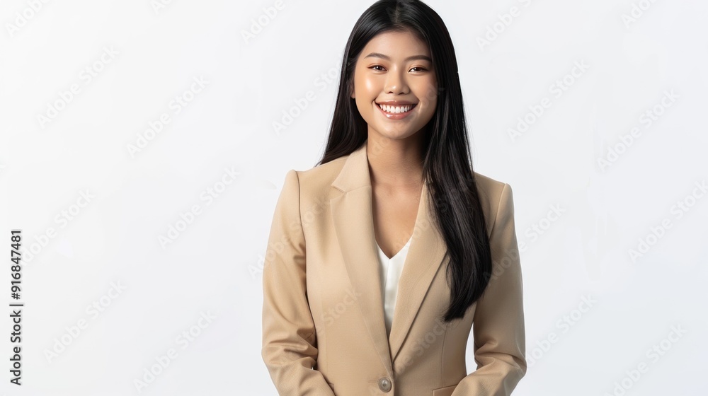 Smiling Woman in a Beige Blazer Against a White Background Smiling Woman in a Beige Blazer Against a White Background