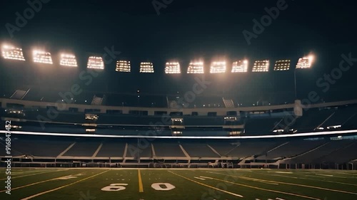 Empty Football Stadium at Night with Bright Lights