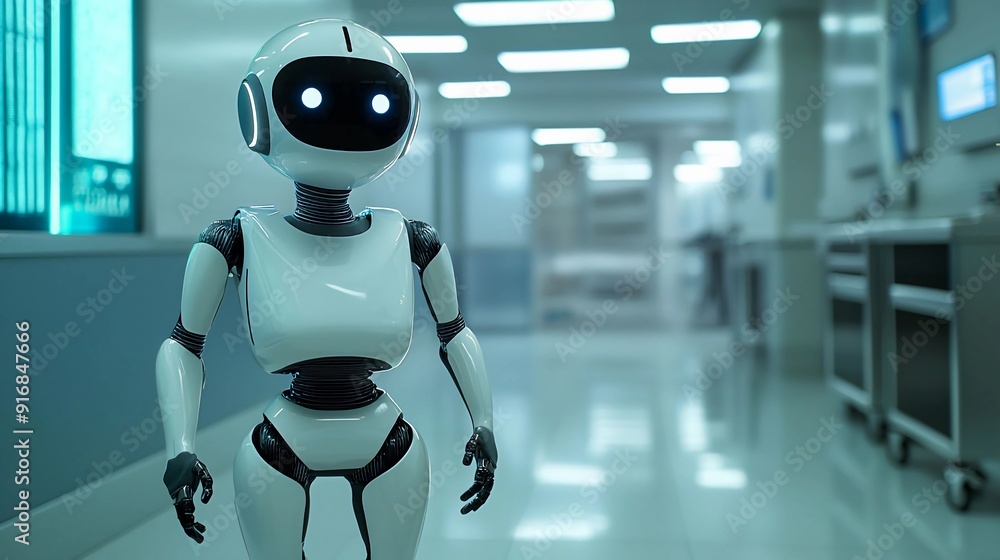 A white robot with blue eyes stands in a hospital hallway. A white robot with blue eyes stands in a hospital hallway.