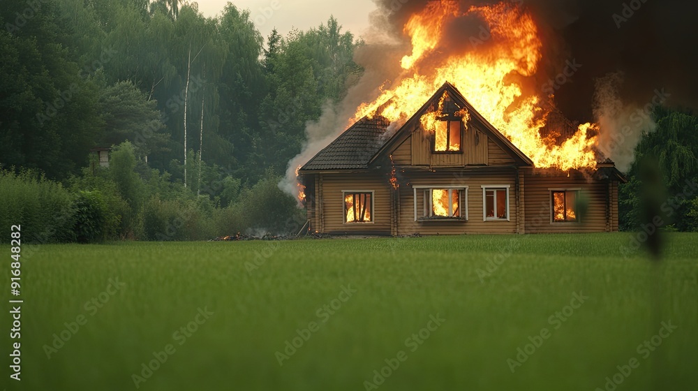 Flames burn brightly in the garden, sending smoke upwards as the sunlight illuminates the old wooden house and the lush surroundings