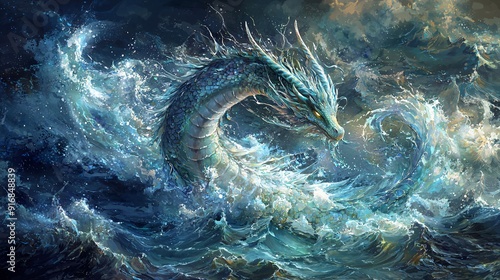 Majestic Water Dragon Surfacing from Deep Blue Ocean, Displaying Iridescent Scales and Mystic Aura, Perfect for Seasonal Fantasy Art and Collectors