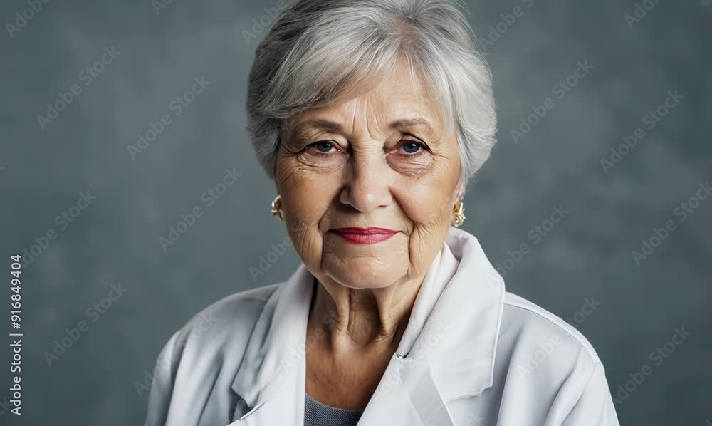Portrait of an elderly woman in a white coat on a gray background Portrait of an elderly woman in a white coat on a gray background
