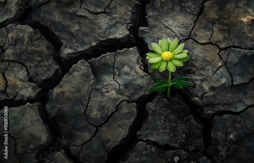 Resilient Bloom: A Green Flower Sprouting from the Cracks of Arid Soil, Symbolizing Persistence in Adversity photo