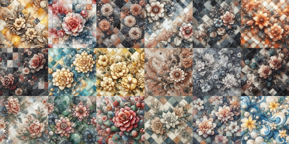 Flowers on marble stone abstraction. AI generated illustration Flowers on marble stone abstraction. AI generated illustration