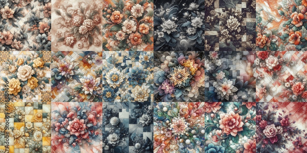 Flowers on marble stone abstraction. AI generated illustration Flowers on marble stone abstraction. AI generated illustration