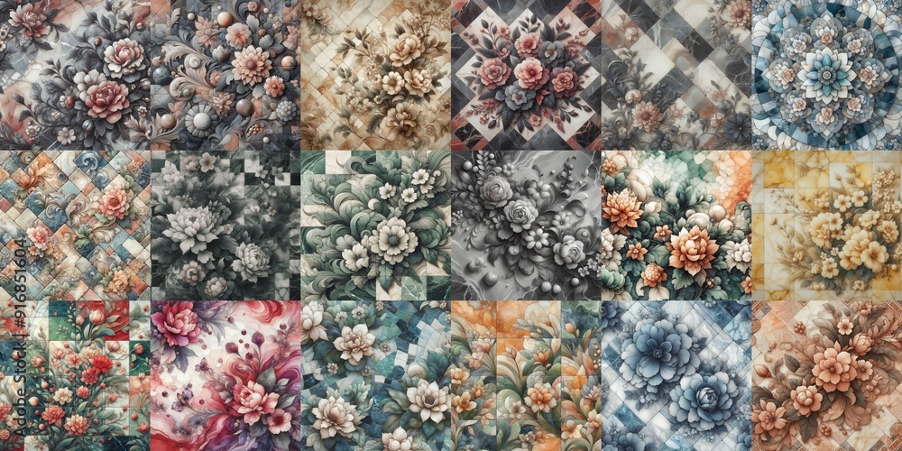 Flowers on marble stone abstraction. AI generated illustration Flowers on marble stone abstraction. AI generated illustration