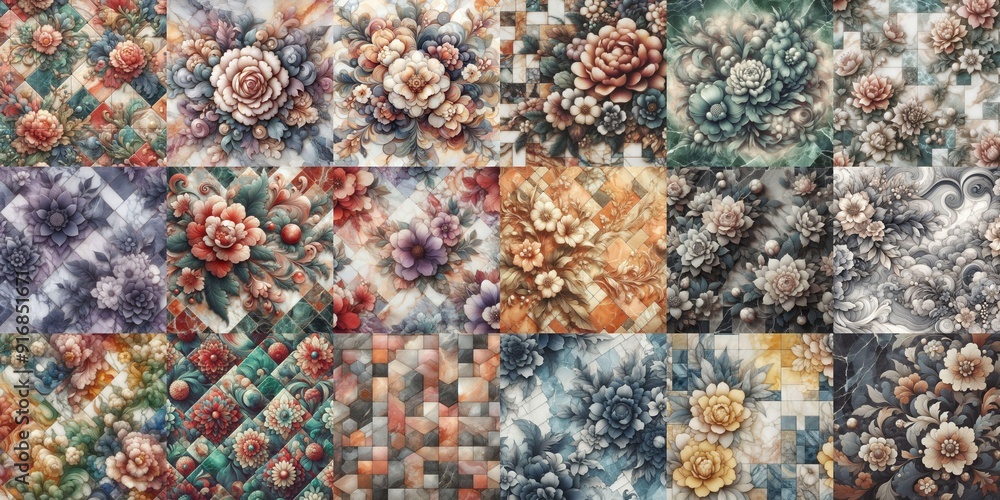 Flowers on marble stone abstraction. AI generated illustration Flowers on marble stone abstraction. AI generated illustration
