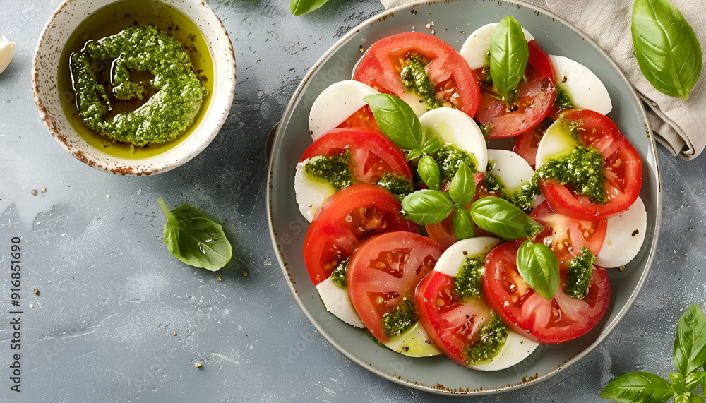 Plate of delicious Caprese salad with pesto sauce on grey table, top view Plate of delicious Caprese salad with pesto sauce on grey table, top view