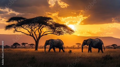 A pair of elephants strolling across the African savannah, with acacia trees and a dramatic sunset in the background