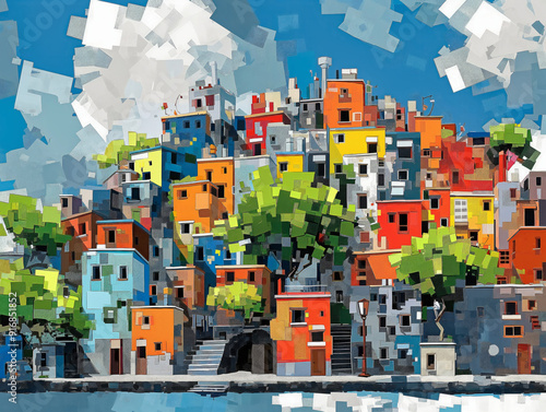 A colorful cityscape with many buildings and trees. Scene is lively and vibrant