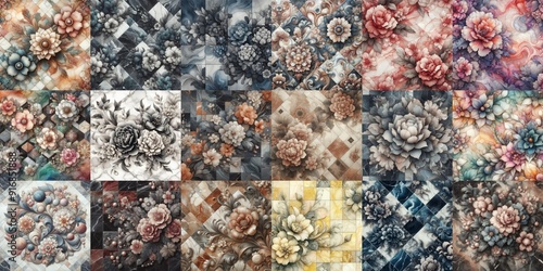 Flowers on marble stone abstraction. AI generated illustration photo