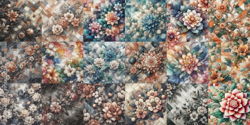 Flowers on marble stone abstraction. AI generated illustration Flowers on marble stone abstraction. AI generated illustration