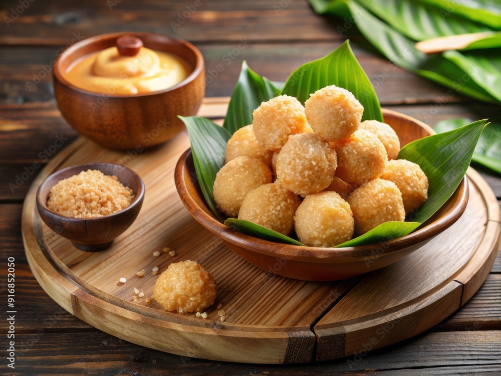 Crunchy tapioca balls served on a wooden plate with a side of creamy peanut sauce for a flavorful Indonesian street food treat. Crunchy tapioca balls served on a wooden plate with a side of creamy peanut sauce for a flavorful Indonesian street food treat.