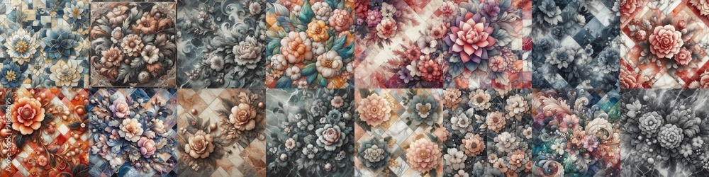 Flowers on marble stone abstraction. AI generated illustration Flowers on marble stone abstraction. AI generated illustration