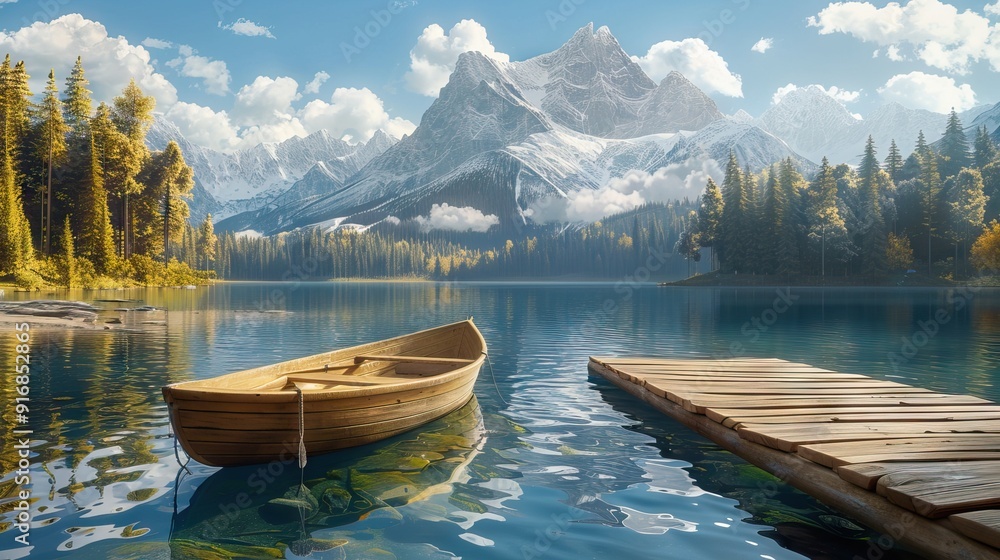 Serene Alpine Lake at Sunrise with a Wooden Pier. AI generated illustration Serene Alpine Lake at Sunrise with a Wooden Pier. AI generated illustration