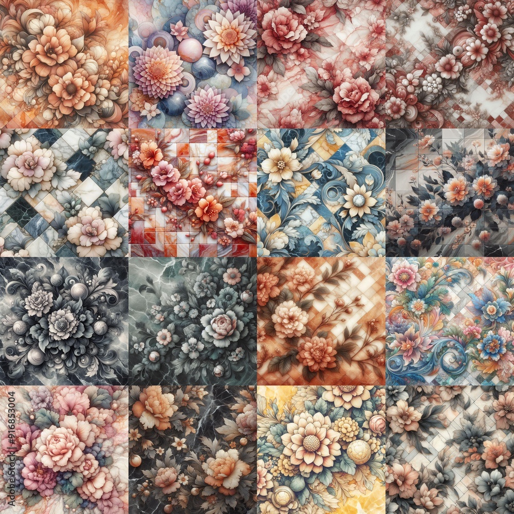 Flowers on marble stone abstraction. AI generated illustration Flowers on marble stone abstraction. AI generated illustration