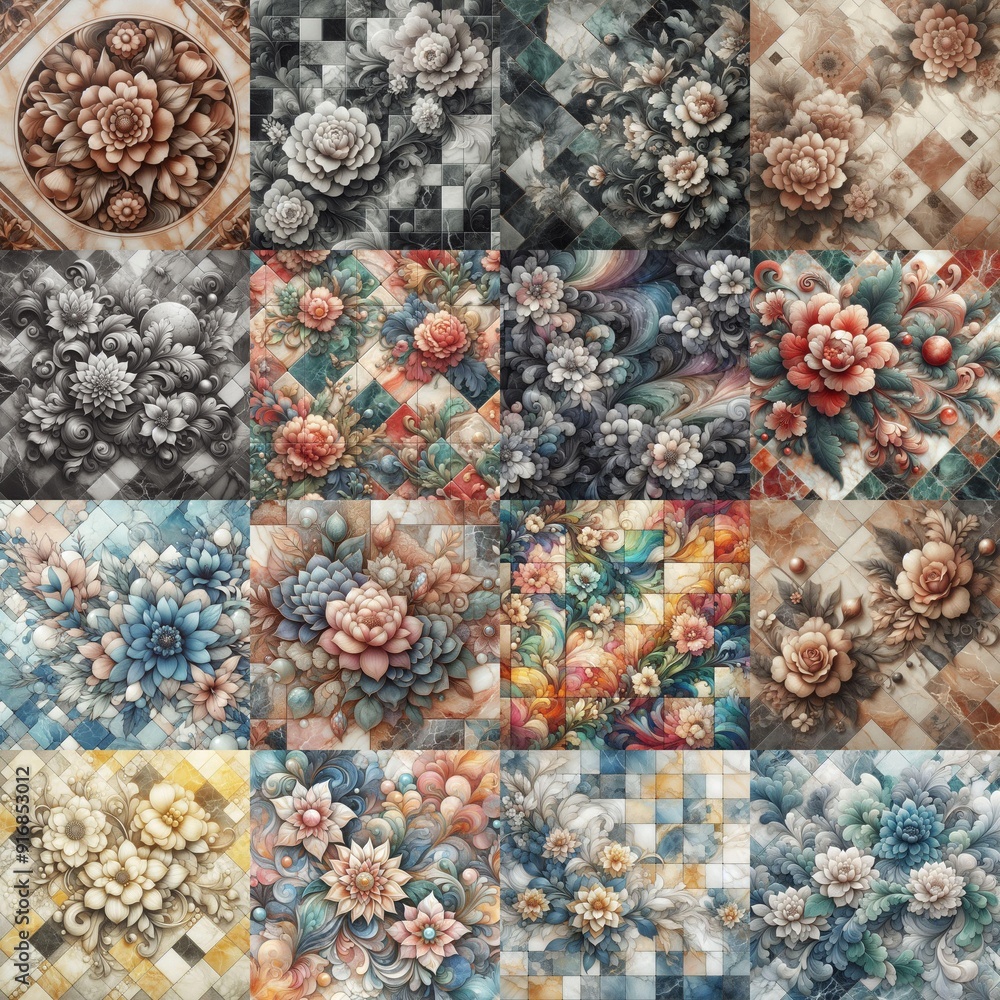 Flowers on marble stone abstraction. AI generated illustration Flowers on marble stone abstraction. AI generated illustration
