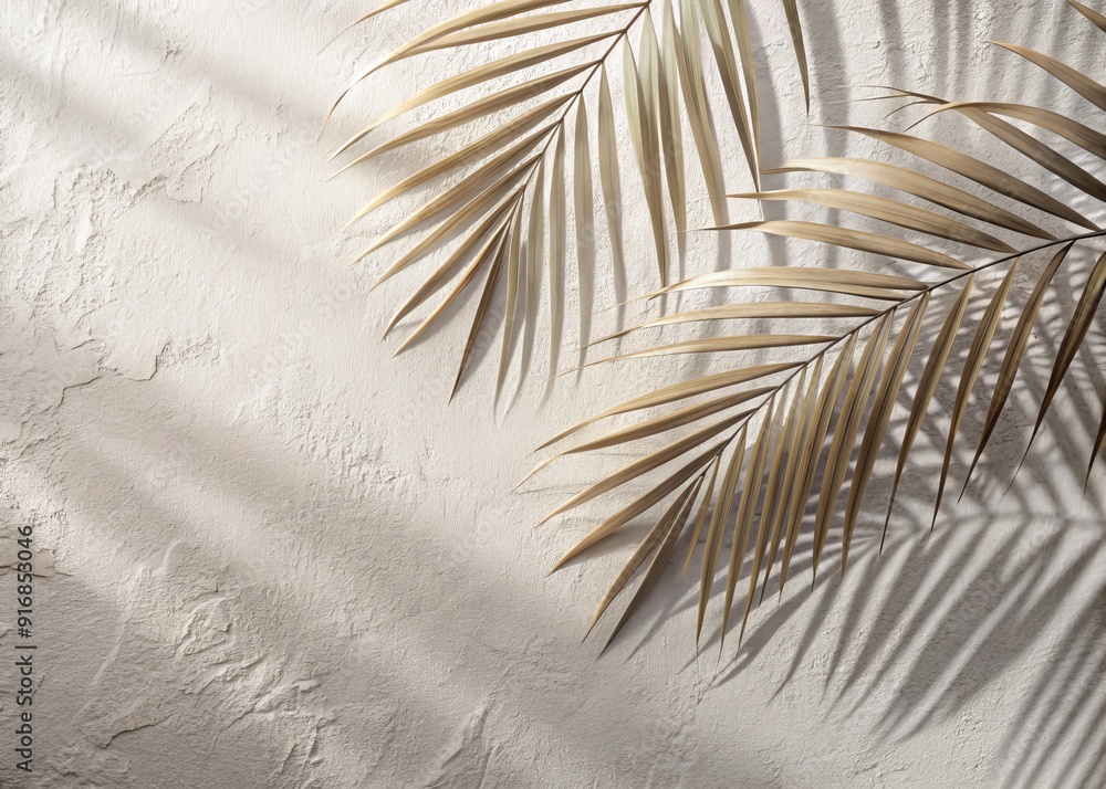 Obraz premium Soft grey beige pastel abstract background with natural leaves' shadows and sunshine diagonal refraction on textured white wall surface.
