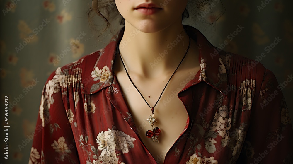 Woman in a floral blouse adorned with a nose pin and matching necklace Woman in a floral blouse adorned with a nose pin and matching necklace