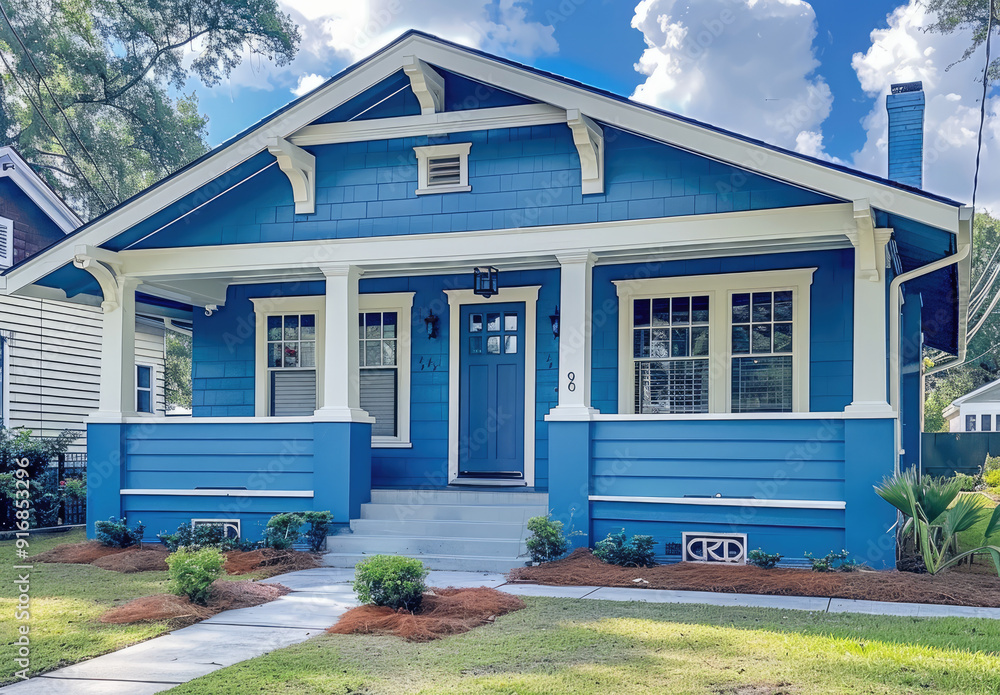 A bright blue craftsman bungalow house with white trim, in the front ...