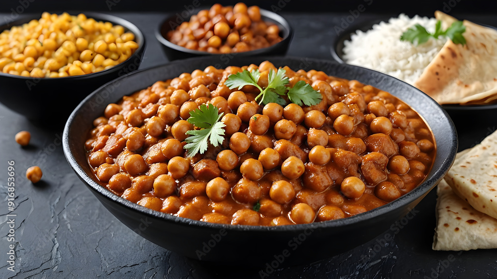 Delicious Chana Masala (Chole) served in a black bowl on a dark slate table. This Indian vegetarian chickpea curry dish is a flavorful and spicy Asian meal. Generative AI. Delicious Chana Masala (Chole) served in a black bowl on a dark slate table. This Indian vegetarian chickpea curry dish is a flavorful and spicy Asian meal. Generative AI.