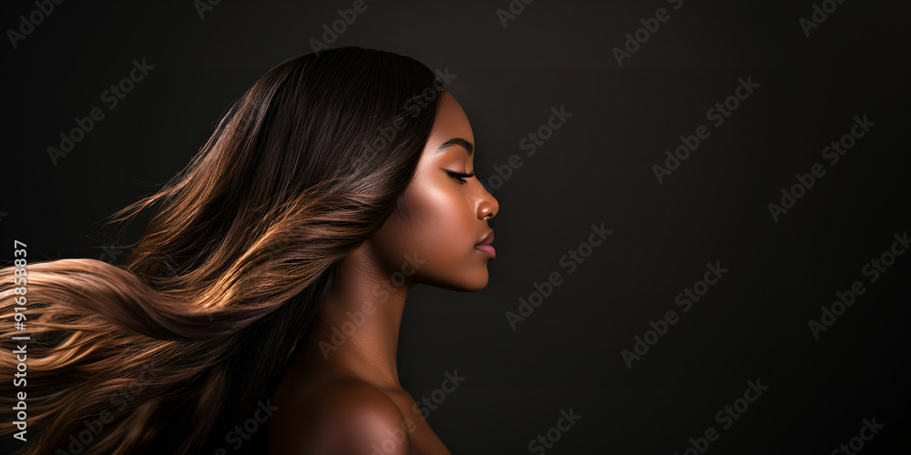a young black woman with long, flowing, wavy hair in a deep chestnut brown, black background, professional beauty photography for hair product or salon a young black woman with long, flowing, wavy hair in a deep chestnut brown, black background, professional beauty photography for hair product or salon