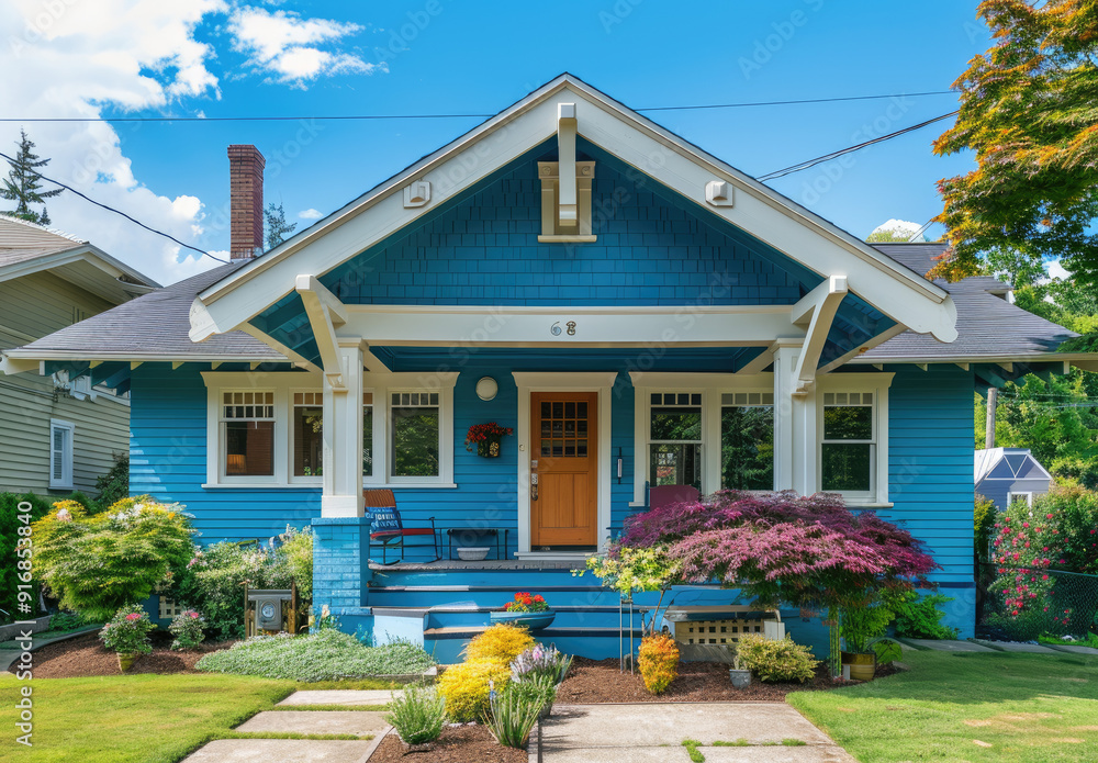 A bright blue craftsman bungalow house with white trim, in the front ...
