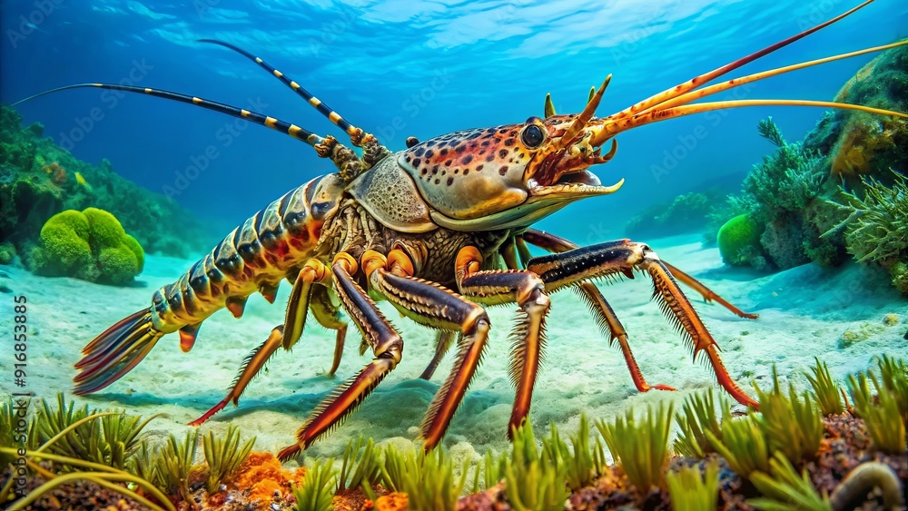 A colorful spiny lobster with long legs searches for food amidst dense algae growth in shallow turquoise waters, its valuable claws snapping gently. A colorful spiny lobster with long legs searches for food amidst dense algae growth in shallow turquoise waters, its valuable claws snapping gently.