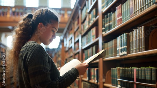 A law student studying textbooks in a library