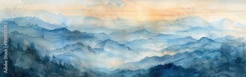 Watercolor Painting of Blue Mountains and Fog at Sunset