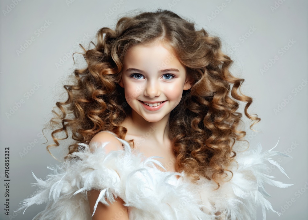 Adorable young model with luscious curly locks wears a luxurious feather-adorned evening gown, beaming with joy in a sleek white background setting. Adorable young model with luscious curly locks wears a luxurious feather-adorned evening gown, beaming with joy in a sleek white background setting.