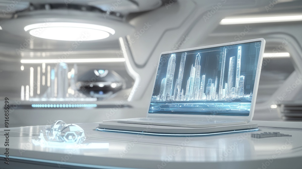 Clean workspace with an open laptop and a futuristic city model Clean workspace with an open laptop and a futuristic city model