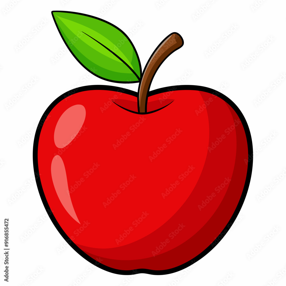 Fototapeta premium A Single Red Apple with a Green Leaf and Stem