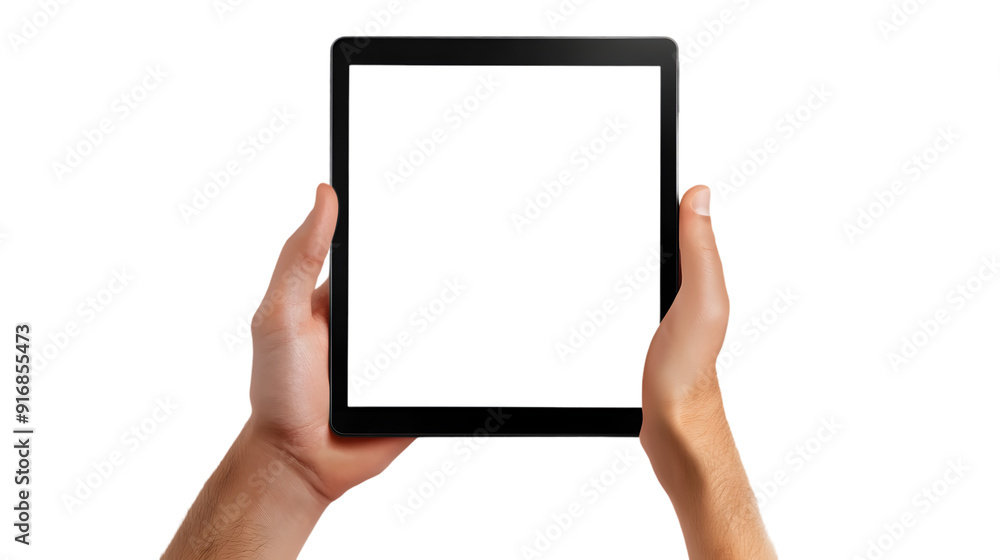 Human hand holding black tablet with blank display, isolated on transparent background Human hand holding black tablet with blank display, isolated on transparent background