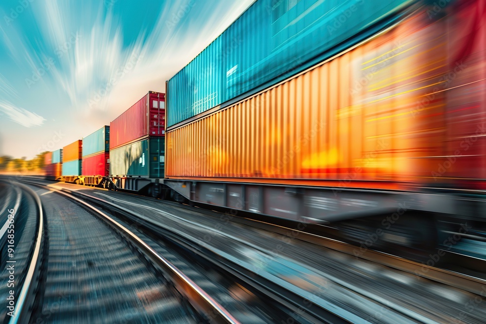 Freight train in motion with containers Freight train in motion with containers