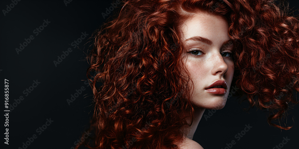 portrait of a young white woman with soft, voluminous curls in a rich auburn shade, black background, professional beauty photography for hair product or salon portrait of a young white woman with soft, voluminous curls in a rich auburn shade, black background, professional beauty photography for hair product or salon