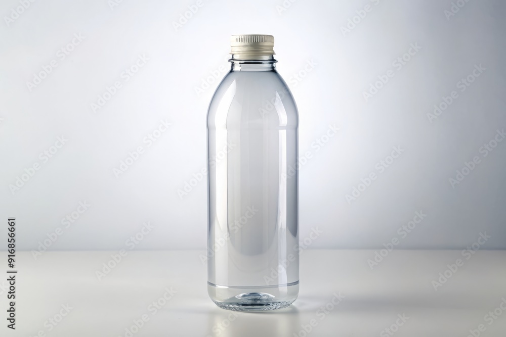 A pristine, transparent plastic bottle with a screw-top lid stands upright on a pure white background, radiating freshness and awaiting its contents. A pristine, transparent plastic bottle with a screw-top lid stands upright on a pure white background, radiating freshness and awaiting its contents.