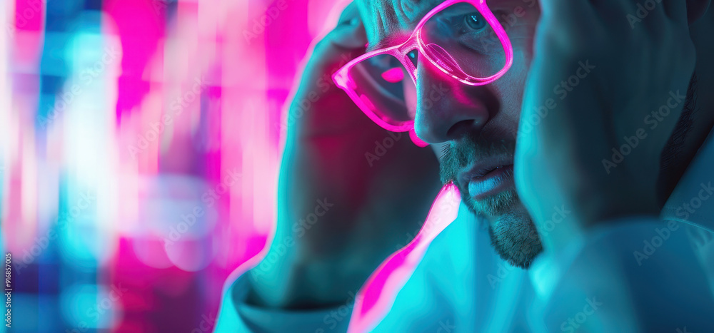 A man experiences stress while working, surrounded by vibrant neon lights. His glasses reflect the colorful glow of the scene. A man experiences stress while working, surrounded by vibrant neon lights. His glasses reflect the colorful glow of the scene.