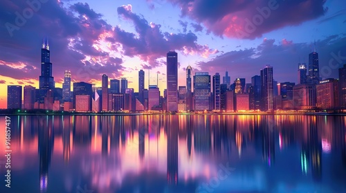 Vibrant City Skyline at Dusk with Illuminated Buildings and Reflections in the River. AI generated illustration