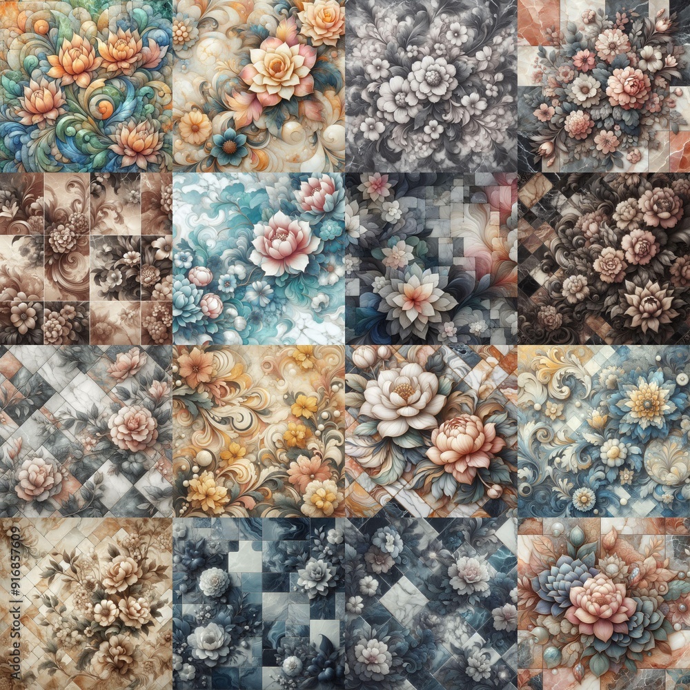 Flowers on marble stone abstraction. AI generated illustration Flowers on marble stone abstraction. AI generated illustration